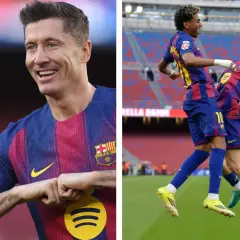 Piłkarze Barcelony świętują gola. Lewandowski z uśmiechem, a dwaj młodzi zawodnicy wykonują radosny dublet.