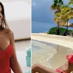 Antonela Roccuzzo, żona Leo Messiego, w czerwonej sukience i na plaży w bikini.