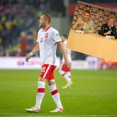 Piłkarz w koszulce z numerem 15, Kamil Glik, na boisku. W rogu zdjęcie z konferencji prasowej Real Madryt.