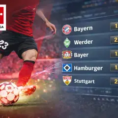 Piłkarz w akcji, logo Bundesligi i lista drużyn z kursami: Bayern, Werder, Bayer, Hamburger, Stuttgart.