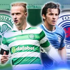 Dwóch piłkarzy, jeden w zielono-białej koszulce z herbem The Celtic Football Club, drugi w niebieskiej z herbem Rangers FC. Oba kluby piłkarskie z Glasgow.