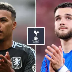 Dwóch piłkarzy, jeden w koszulce Aston Villi, drugi w niebieskiej, obok logo Tottenham Hotspur. Spekulacje o tottenham transfery.