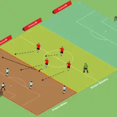 Piłkarze w czerwonych strojach stosują pressing na boisku, próbując odebrać piłkę przeciwnikom w niebieskich koszulkach.