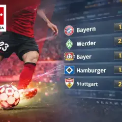 Piłkarz kopie piłkę na tle listy kursów bukmacherskich na mecze Bundesligi. Bayern, Werder, Bayer, Hamburg, Stuttgart - czy to Twój typ na sparing?