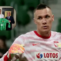 Wojciech Szczęsny, jeden z bramkarzy reprezentacji Polski, w zielonej koszulce. W tle trzej mężczyźni prezentują zieloną koszulkę.