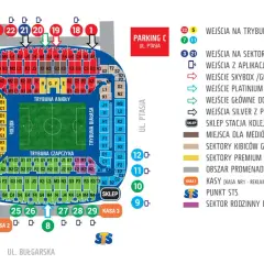 Plan stadionu Lecha Poznań z oznaczeniem wejść, kas i sektorów. Informacje o biletach i cenniku.