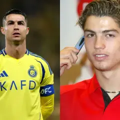 Porównanie Cristiano Ronaldo dziś w żółtej koszulce Al Nassr i jako młody chłopak z telefonem. Wiek robi różnicę.