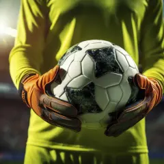 Bramkarz w żółtej koszulce i pomarańczowych rękawicach trzyma piłkę. W tle trybuny stadionu, gdzie gra Karlsruher SC.
