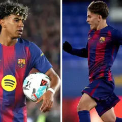 Dwóch młodych piłkarzy FC Barcelona w strojach klubowych. Jeden z nich trzyma piłkę, drugi biegnie. Obaj są ważnymi graczami, a ich potencjalne FC Barcelona kontuzje martwią kibiców.
