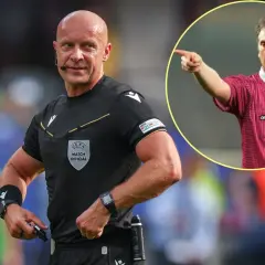 Sędzia piłkarski w czarnym stroju z emblematem UEFA i w okręgu sędzia w różowej koszulce z logo Adidasa i FIFA.