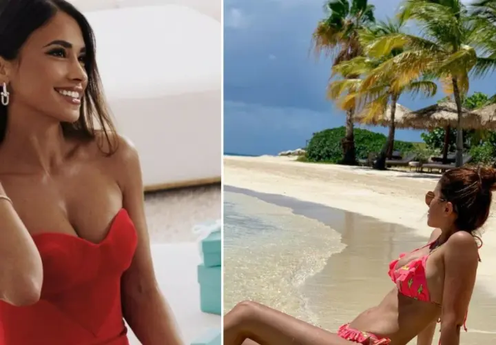 Antonela Roccuzzo, żona Leo Messiego, w czerwonej sukience i na plaży w bikini.