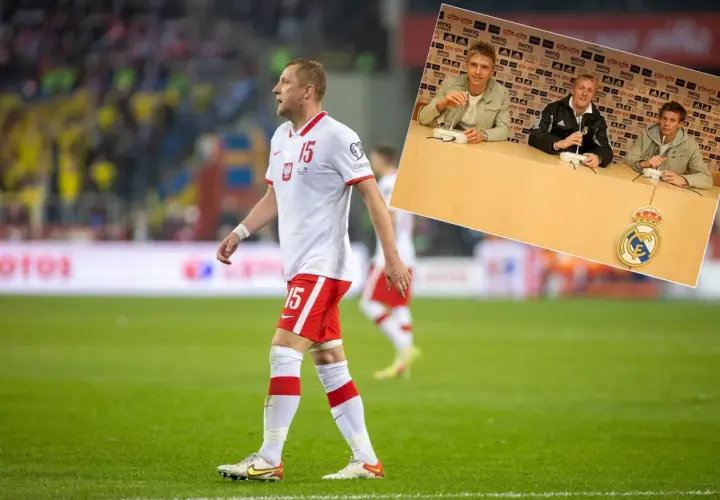 Piłkarz w koszulce z numerem 15, Kamil Glik, na boisku. W rogu zdjęcie z konferencji prasowej Real Madryt.