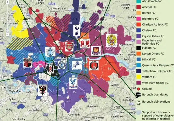 Mapa Londynu z zaznaczonymi obszarami kibicowania piłkarzy z Londynu.