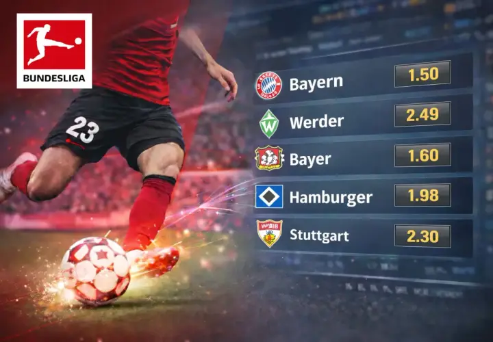 Piłkarz w akcji, logo Bundesligi i lista drużyn z kursami: Bayern, Werder, Bayer, Hamburger, Stuttgart.