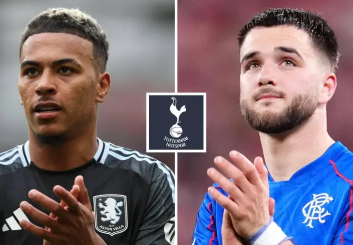Dwóch piłkarzy, jeden w koszulce Aston Villi, drugi w niebieskiej, obok logo Tottenham Hotspur. Spekulacje o tottenham transfery.
