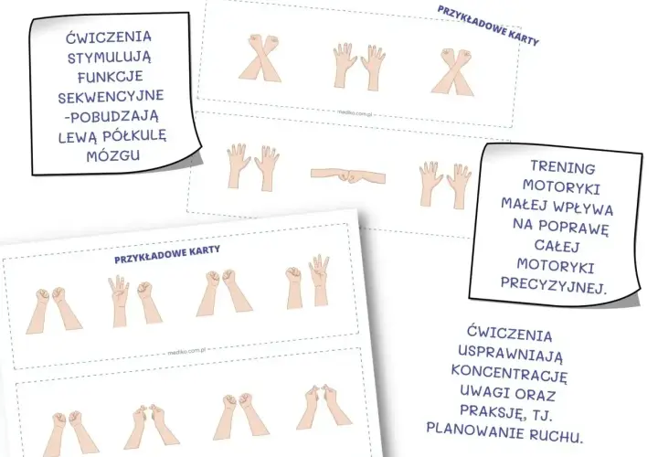 Przykładowe karty do treningu motoryki małej, usprawniające sekwencyjność i precyzję ruchów.