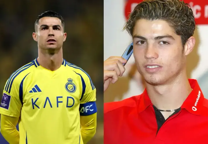 Porównanie Cristiano Ronaldo dziś w żółtej koszulce Al Nassr i jako młody chłopak z telefonem. Wiek robi różnicę.