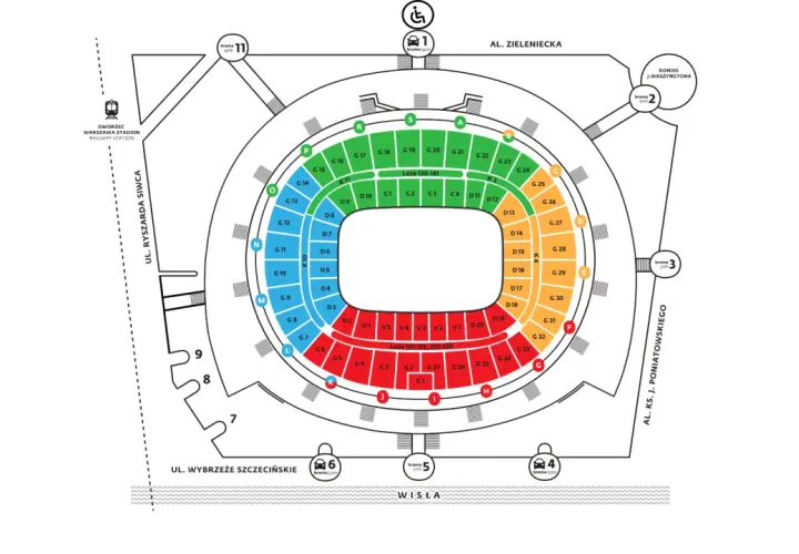 Najgorsze miejsca na Stadionie Narodowym? Te czerwone sektory G1-G7, G33-G37, V1-V5, D1-D3, D18-D20, K1-K4.