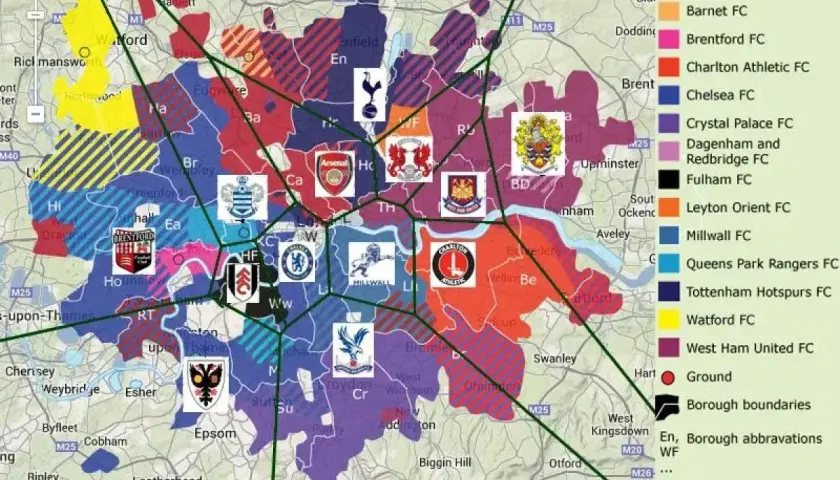 Mapa Londynu z zaznaczonymi obszarami kibicowania piłkarzy z Londynu.