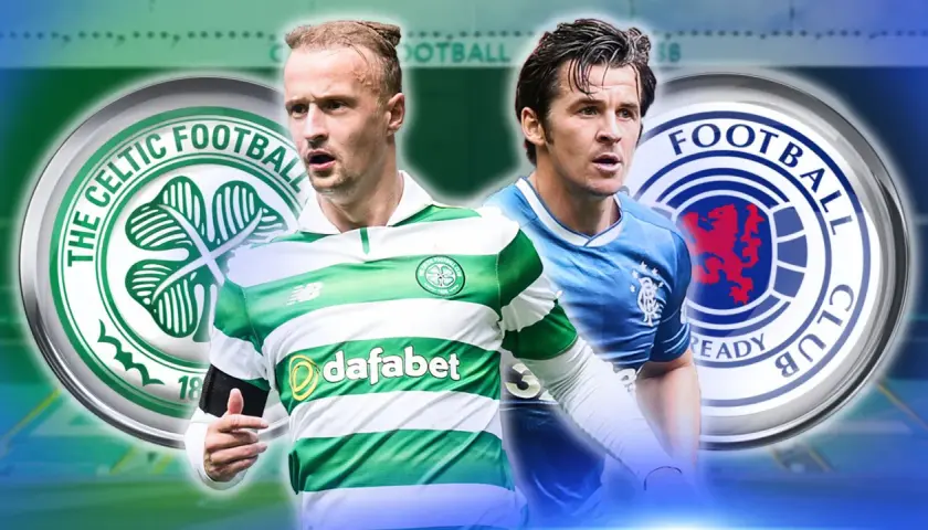 Dwóch piłkarzy, jeden w zielono-białej koszulce z herbem The Celtic Football Club, drugi w niebieskiej z herbem Rangers FC. Oba kluby piłkarskie z Glasgow.