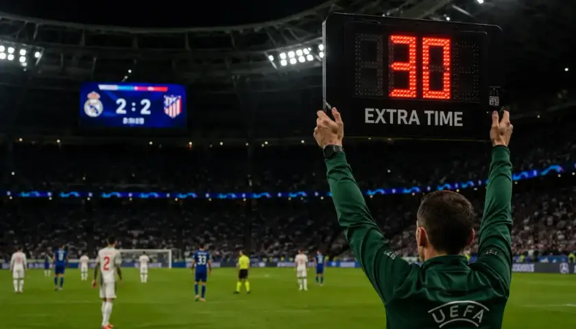 Sędzia podnosi tablicę z napisem "EXTRA TIME" i cyfrą "30", wskazując, ile trwa dogrywka w piłce nożnej. Wynik na tablicy to 2:2.