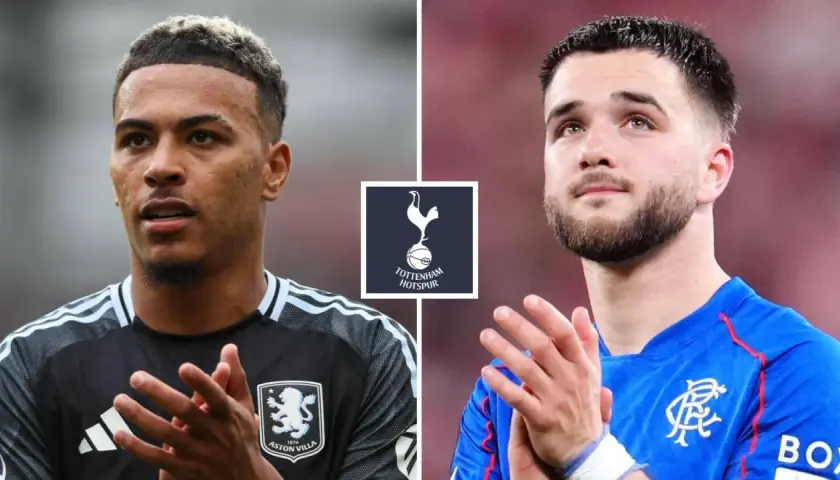 Dwóch piłkarzy, jeden w koszulce Aston Villi, drugi w niebieskiej, obok logo Tottenham Hotspur. Spekulacje o tottenham transfery.