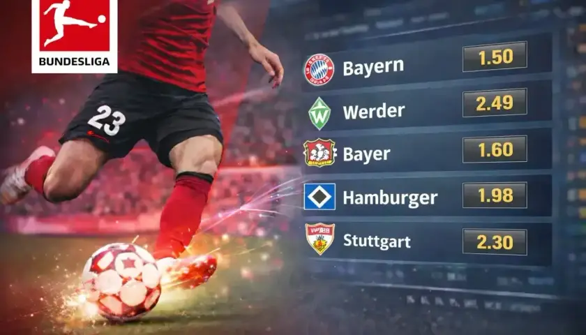 Piłkarz kopie piłkę na tle listy kursów bukmacherskich na mecze Bundesligi. Bayern, Werder, Bayer, Hamburg, Stuttgart - czy to Twój typ na sparing?