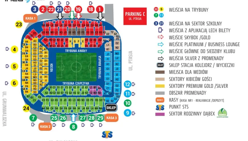 Plan stadionu Lecha Poznań z oznaczeniem wejść, kas i sektorów. Informacje o biletach i cenniku.