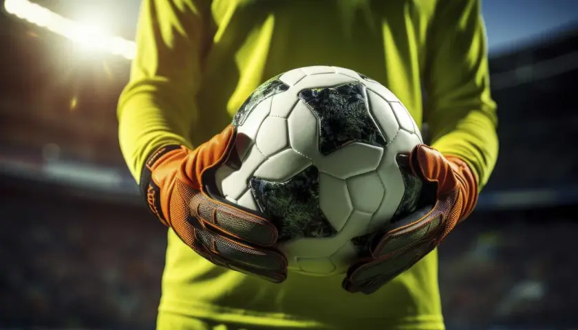 Bramkarz w żółtej koszulce i pomarańczowych rękawicach trzyma piłkę. W tle trybuny stadionu, gdzie gra Karlsruher SC.