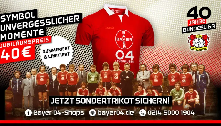 Niemiecka drużyna piłkarska Bayer 04 Leverkusen świętuje 40 lat Bundesligi specjalną, numerowaną koszulką za 40 euro.