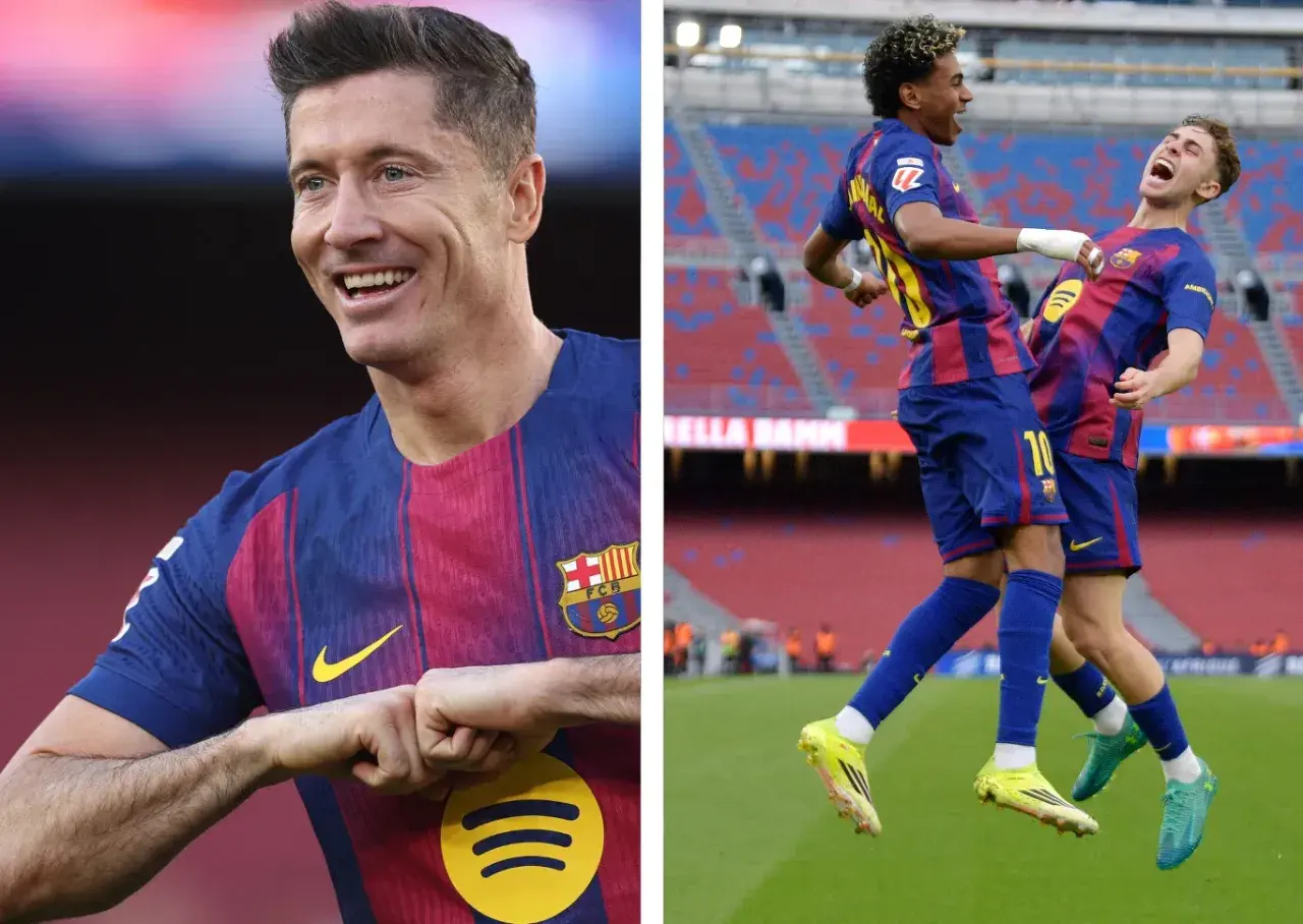 Piłkarze Barcelony świętują gola. Lewandowski z uśmiechem, a dwaj młodzi zawodnicy wykonują radosny dublet.