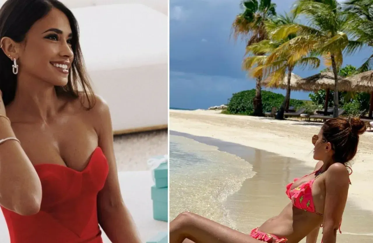 Antonela Roccuzzo, żona Leo Messiego, w czerwonej sukience i na plaży w bikini.