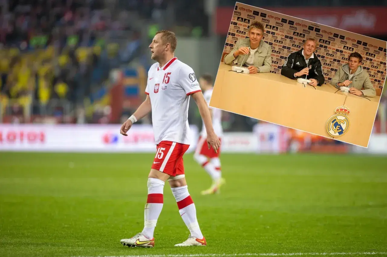 Piłkarz w koszulce z numerem 15, Kamil Glik, na boisku. W rogu zdjęcie z konferencji prasowej Real Madryt.