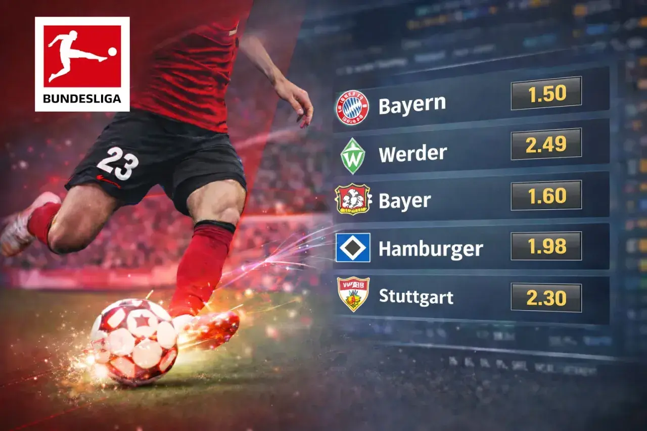 Piłkarz w akcji, logo Bundesligi i lista drużyn z kursami: Bayern, Werder, Bayer, Hamburger, Stuttgart.