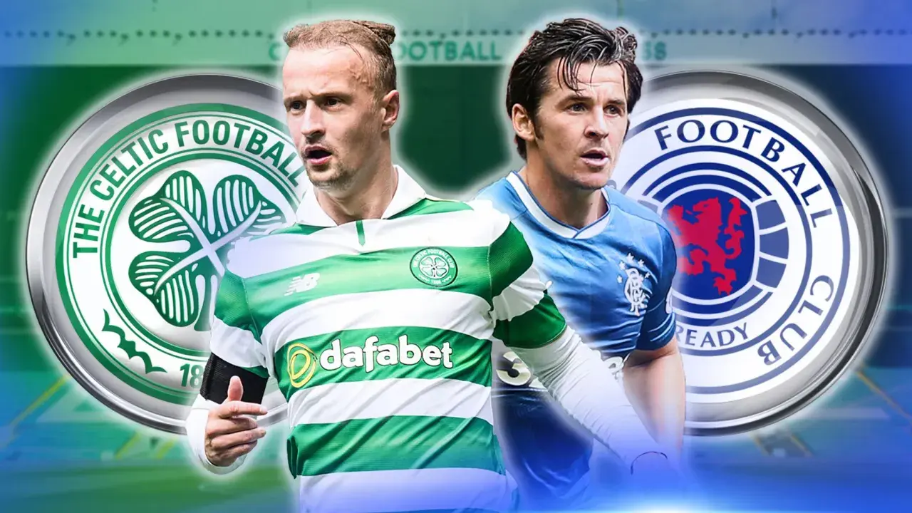 Dwóch piłkarzy, jeden w zielono-białej koszulce z herbem The Celtic Football Club, drugi w niebieskiej z herbem Rangers FC. Oba kluby piłkarskie z Glasgow.