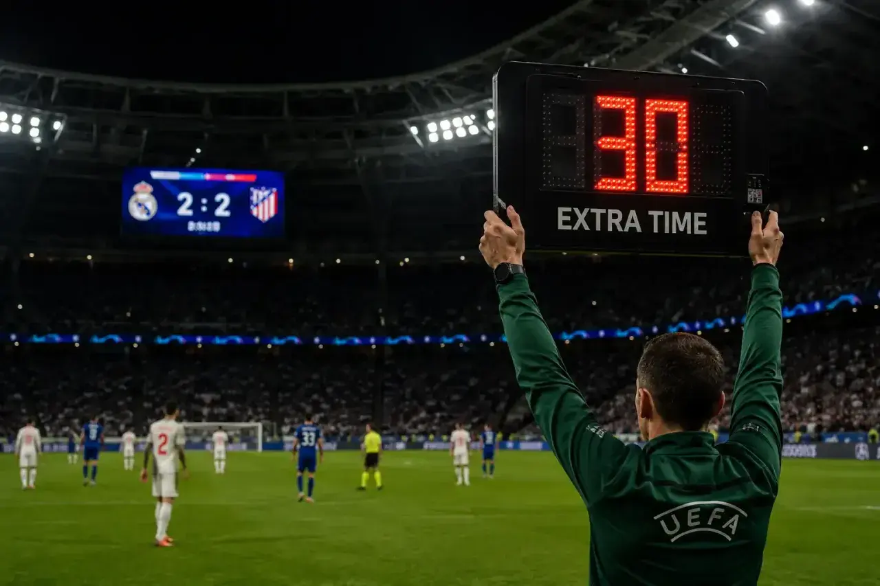 Sędzia podnosi tablicę z napisem "EXTRA TIME" i cyfrą "30", wskazując, ile trwa dogrywka w piłce nożnej. Wynik na tablicy to 2:2.