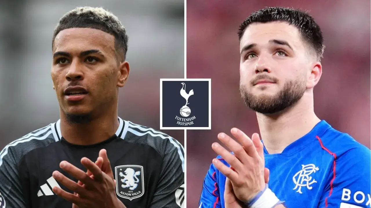 Dwóch piłkarzy, jeden w koszulce Aston Villi, drugi w niebieskiej, obok logo Tottenham Hotspur. Spekulacje o tottenham transfery.
