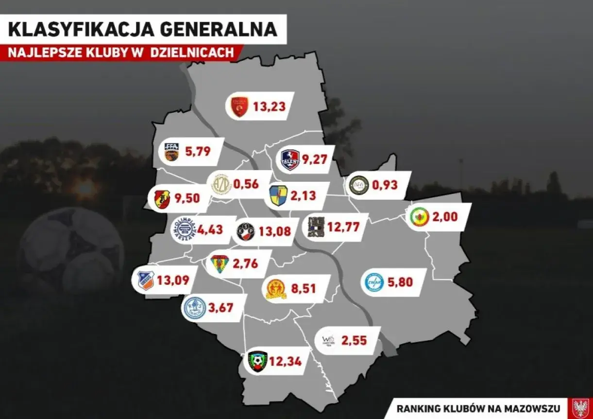 Mapa Mazowsza z zaznaczonymi klubami piłkarskimi i ich punktacją.