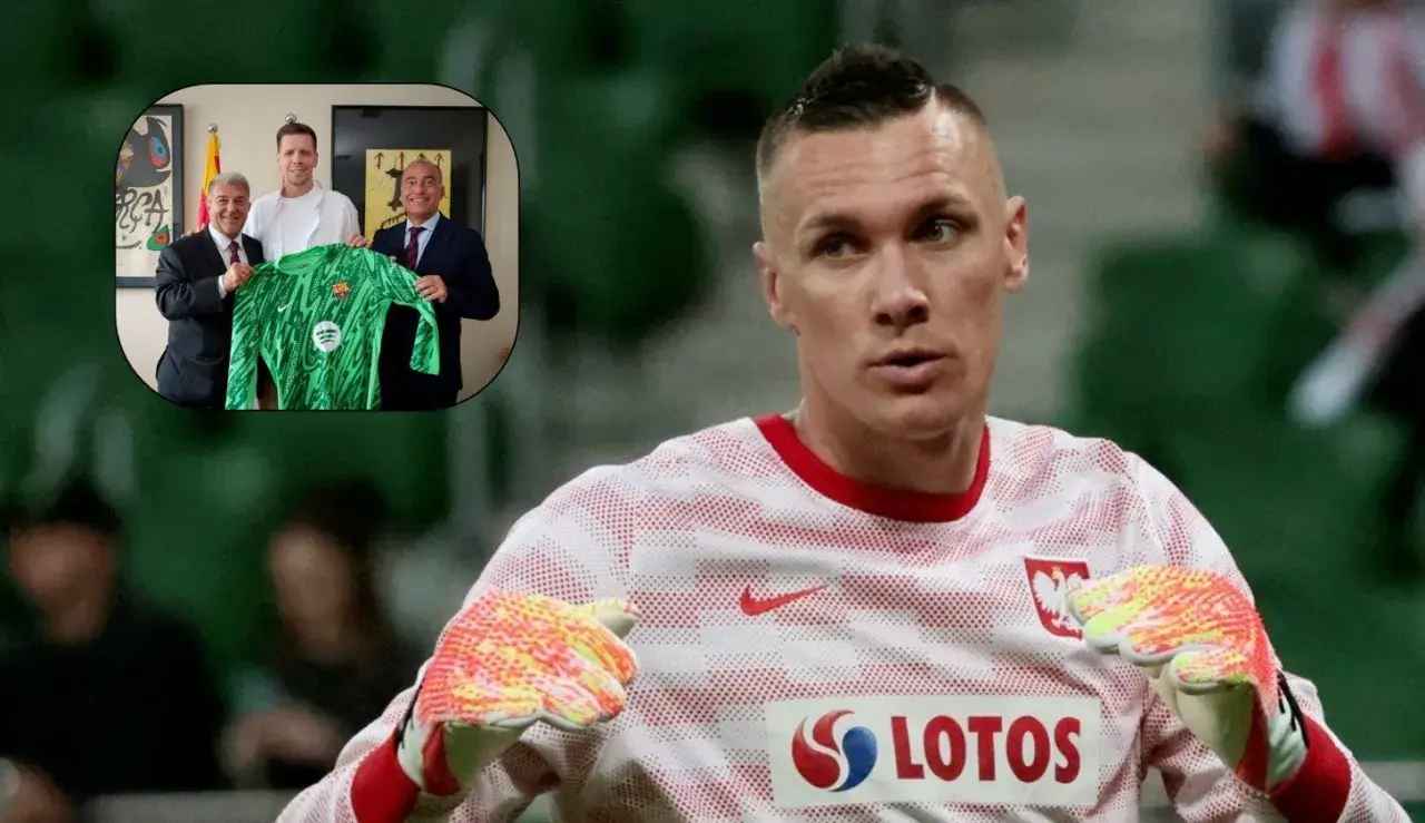 Wojciech Szczęsny, jeden z bramkarzy reprezentacji Polski, w zielonej koszulce. W tle trzej mężczyźni prezentują zieloną koszulkę.