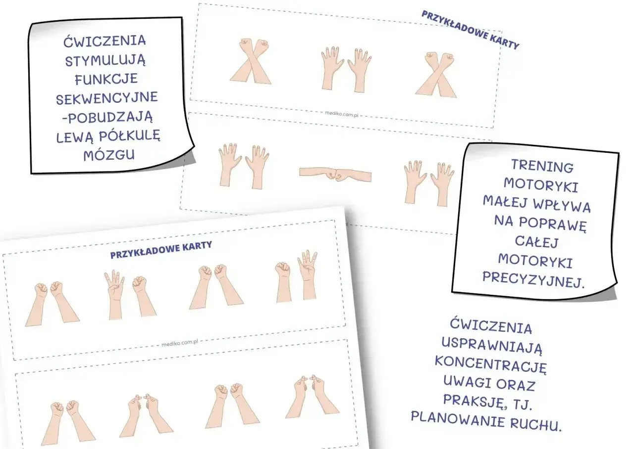 Przykładowe karty do treningu motoryki małej, usprawniające sekwencyjność i precyzję ruchów.
