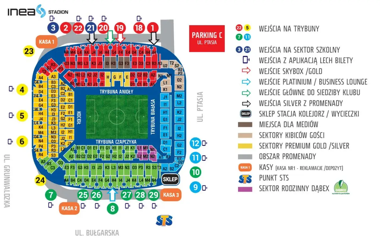 Plan stadionu Lecha Poznań z oznaczeniem wejść, kas i sektorów. Informacje o biletach i cenniku.