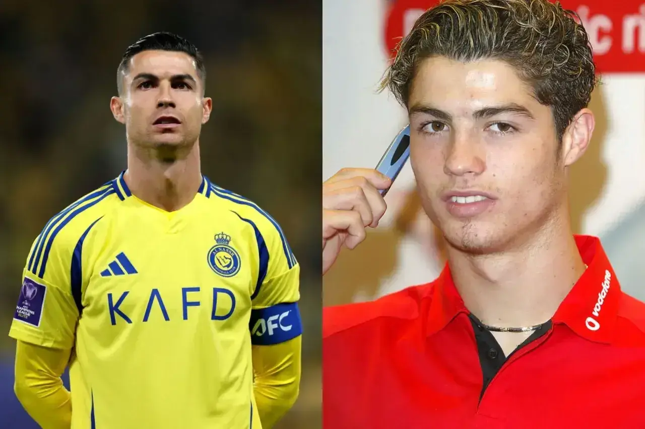 Porównanie Cristiano Ronaldo dziś w żółtej koszulce Al Nassr i jako młody chłopak z telefonem. Wiek robi różnicę.