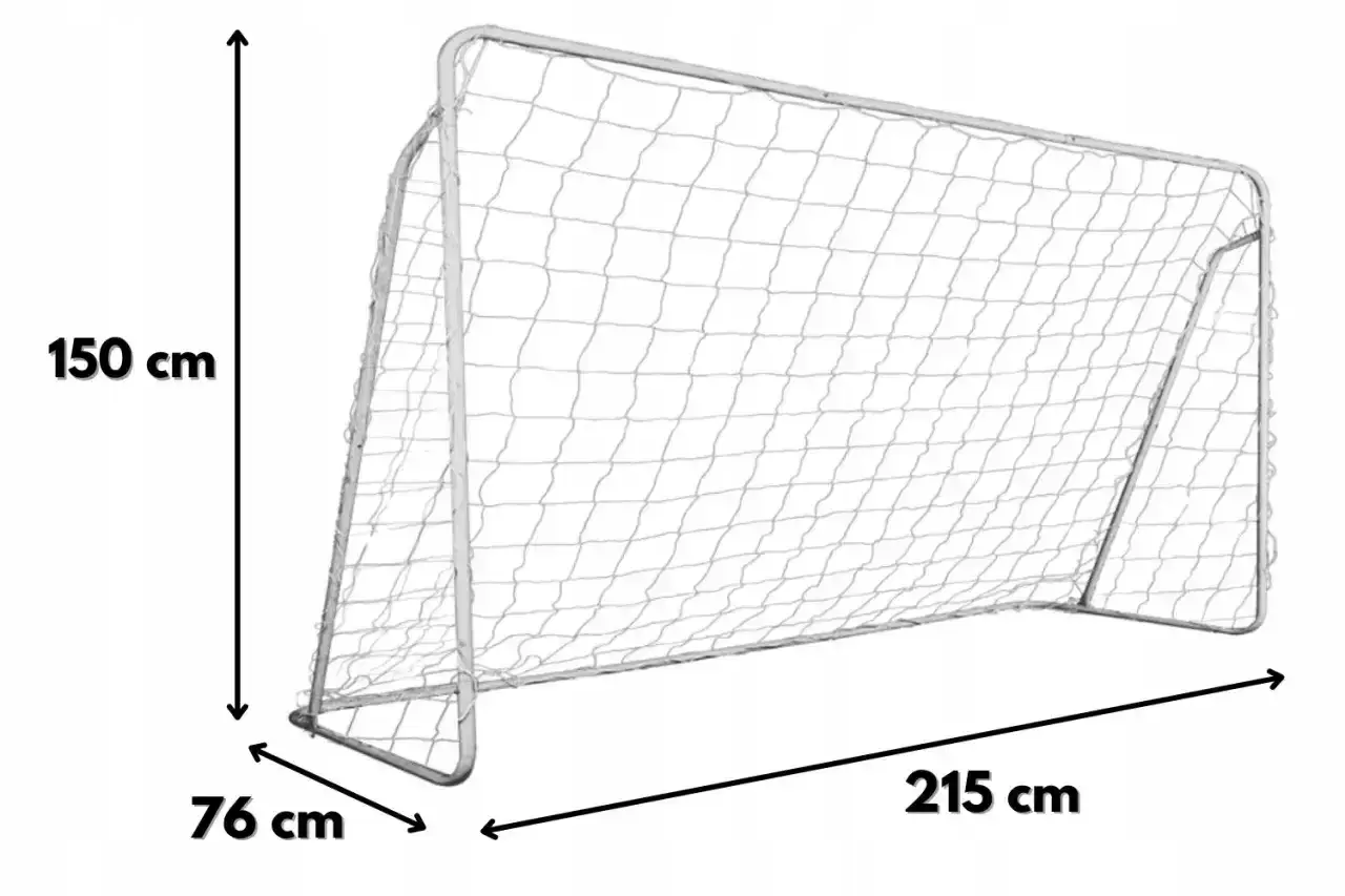 Bramka piłkarska z siatką, której wymiary to: wysokość 150 cm, szerokość 215 cm, głębokość 76 cm. Idealna do treningów.