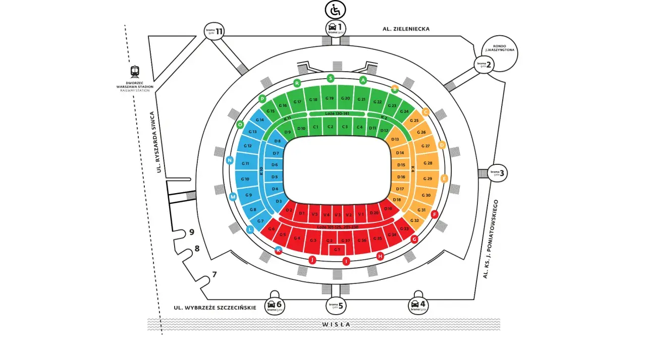 Najgorsze miejsca na Stadionie Narodowym? Te czerwone sektory G1-G7, G33-G37, V1-V5, D1-D3, D18-D20, K1-K4.