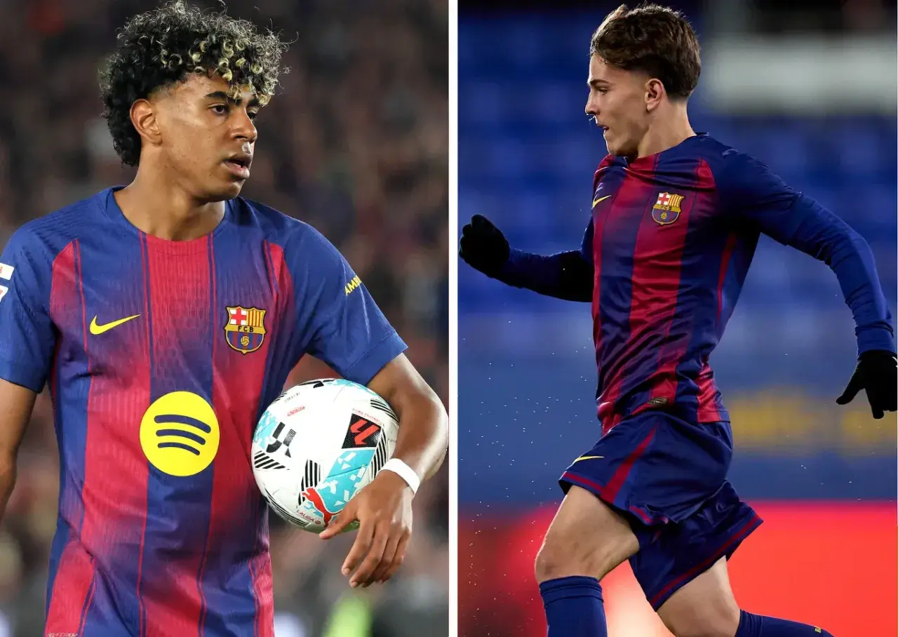 Dwóch młodych piłkarzy FC Barcelona w strojach klubowych. Jeden z nich trzyma piłkę, drugi biegnie. Obaj są ważnymi graczami, a ich potencjalne FC Barcelona kontuzje martwią kibiców.