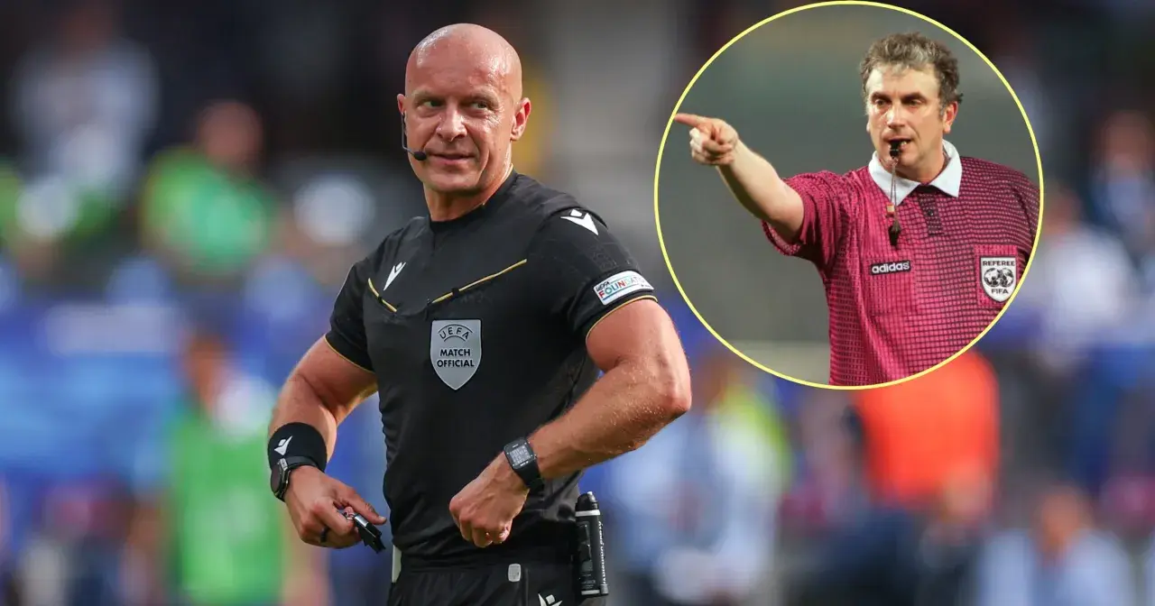 Sędzia piłkarski w czarnym stroju z emblematem UEFA i w okręgu sędzia w różowej koszulce z logo Adidasa i FIFA.