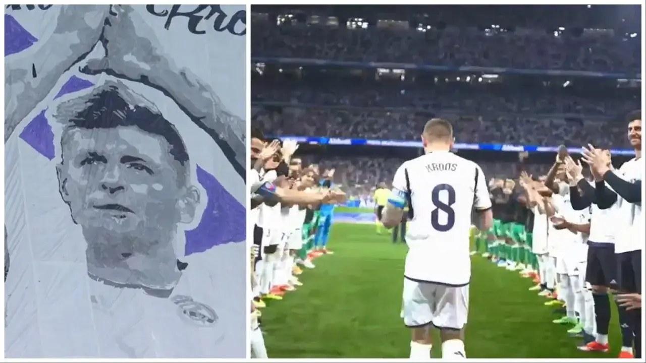Toni Kroos wchodzi przez szpaler. Obok portret piłkarza na transparencie.