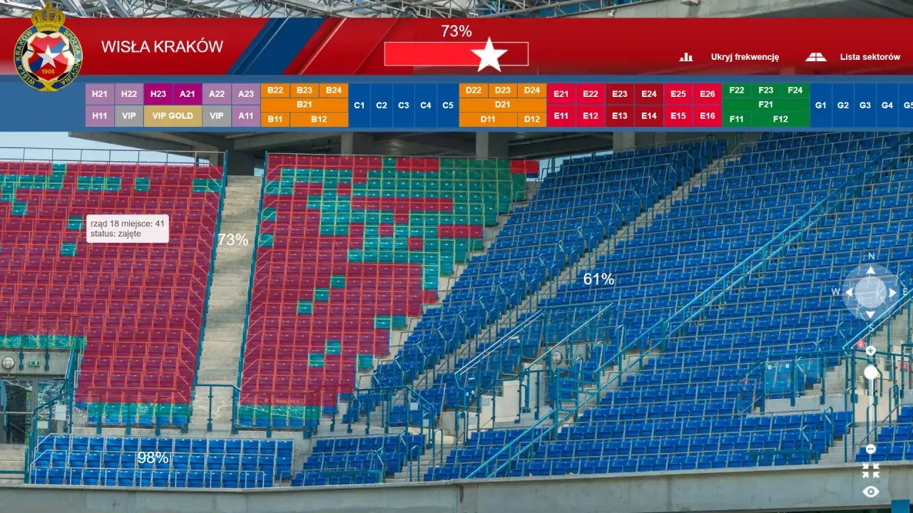 Wisła Kraków: sprawdź cennik biletów i dostępność miejsc na stadionie. Widok trybun z zaznaczonymi sektorami i procentem zajętości.