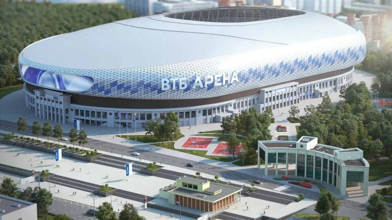 Nowoczesny stadion VTB Arena, dom klubu piłkarskiego z Moskwy, otoczony zielenią i placami.