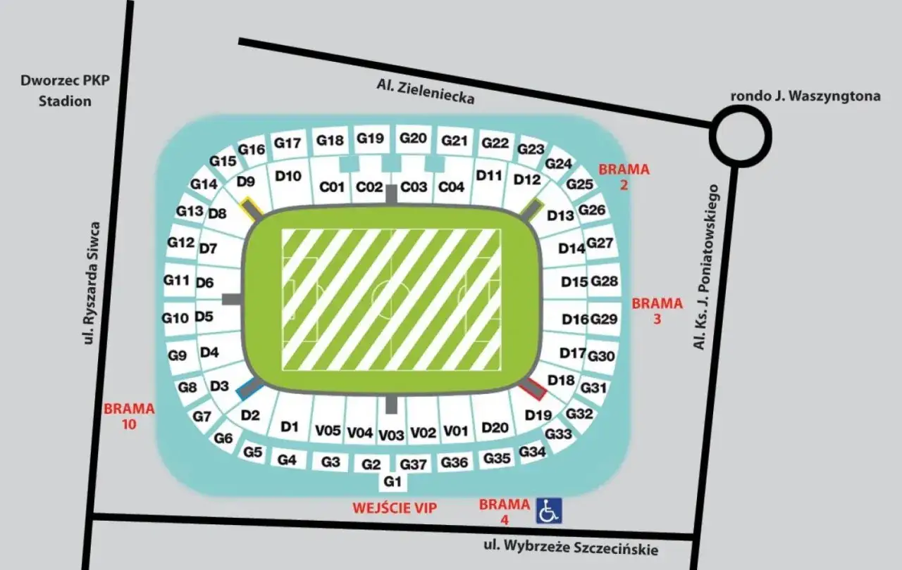 Plan stadionu narodowego z podziałem na sektory i bramy. Określono jego pojemność, pokazując rozmieszczenie miejsc.